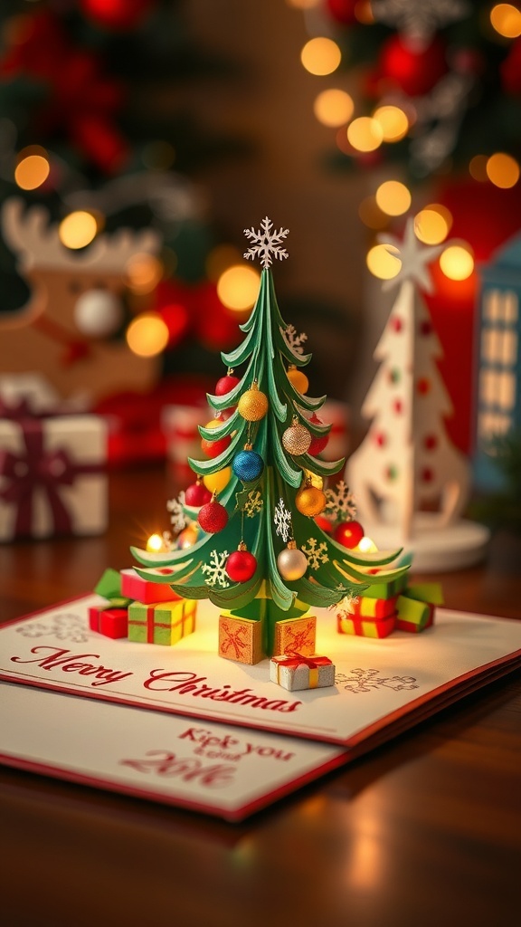 A 3D pop-up Christmas card with a tree and snowflakes, displayed open on a festive table.